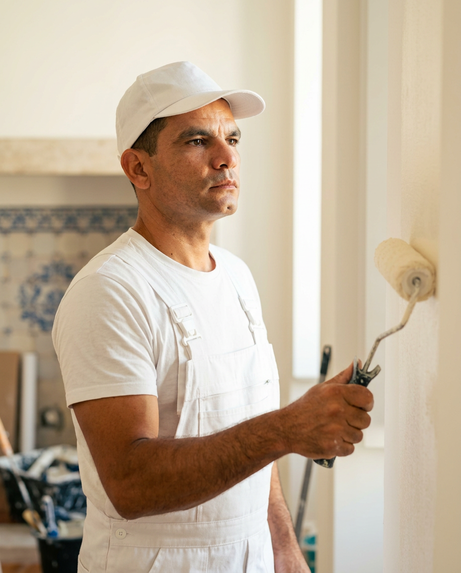 Wilson, pintor profissional da WS Remodelações, a trabalhar